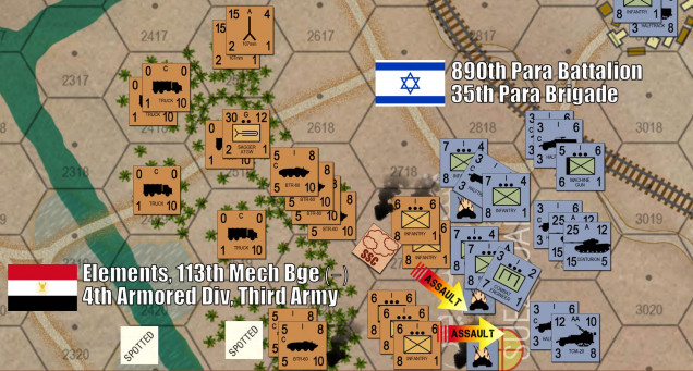 In the south, after three turns of preparation and staging, I finally launch a massive infantry assault out of the palm groves along the “Sweetwater Canal” (a fresh water irrigation canal that ran along the Suez Canal).  I’ve already done quite a bit of damage with massed fire from twenty-five BTR-60s.  My assault is also partially protected (ironically) by an Israeli smoke screen (SSC = smoke shell concentration).  My RPG-armed infantry even get close enough to some of Damon’s dreaded Sho’t Centurion tanks, and a platoon of these beasts is now on fire.  For one glorious moment, the southern objective hex is in my grasp as well.  