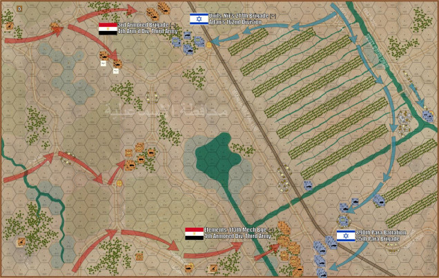 Turns 01 and 02 are now complete.  Already Damon has a bit of an upper hand, having seized three of the five objective hexes:  (1) the crossroad by the rail line, (2) the Test Road exit to the far east, (3) and the Port Suez Exit to the southeast.  I lunged at him in the north with my two battalions of armor, I’ve taken a 20-tank salvo at him in those palm groves but missed with a “6” (worst roll in Arab-Israeli Wars).  I’ve started to flank him, however, while in the south my mech battalion has rolled up in their BTR-60s and is now unloaded en masse for an attack against that Port Suez road objective.   