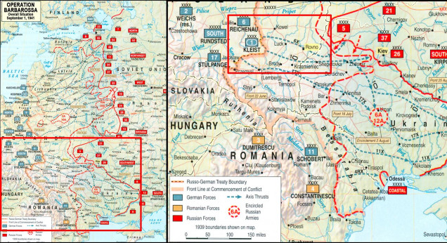 Large scale strategic overview of the opening phases of Operation Barbarossa (80th Anniversary unfolding over the next couple weeks).  Red rectangles show successive zoom-ins to today's game at Dubno-Brody.