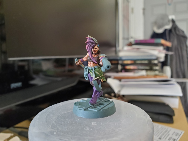 Once again, I started out with a Contrast 'base' and worked up from it. For now the cloth/leather areas are just blocked in but there will be some reds showing up later in the painting. I have a thing for purple and red, it seems...