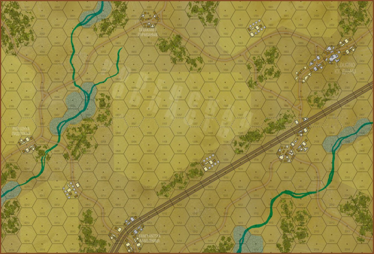 The map for today's game.  150-meter hexes, each hex about five feet across in 15mm.  German forces set up on the northern half of the table.  Soviets enter along the southern edge in a massive counterattack (spearhead of 12th and 34th Tank Divisions / 8th Mechanized Corps).  Victory is determined by how many Soviet combat units remain on the northern half of the table by the end of Turn 8.