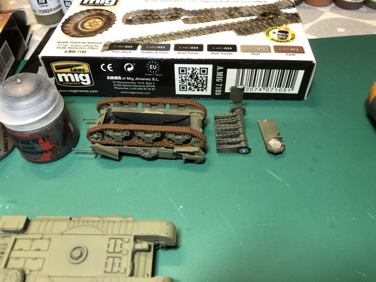 My sausage fingers slipped whilst painting the tracks on one of the Sherman Crabs and it hit the desk, flying into many bits, Bugger! That's the problem with metal vehicles, when they fall they hit Hard! another good reason for pinning, which is exactly what I did when I rebuilt this one!