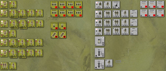 Forces for the two sides.  I have George and Hotel Companies, 3rd Bn / 505th Parachute Infantry Regiment (with their historical commanders) and 14. Kompanie, infanterie Regiment 1058, 91st Division.  Note the small counter for 101st Airborne team at the bottom.  Historically this nightwas sheer chaos, you never know who might show up!