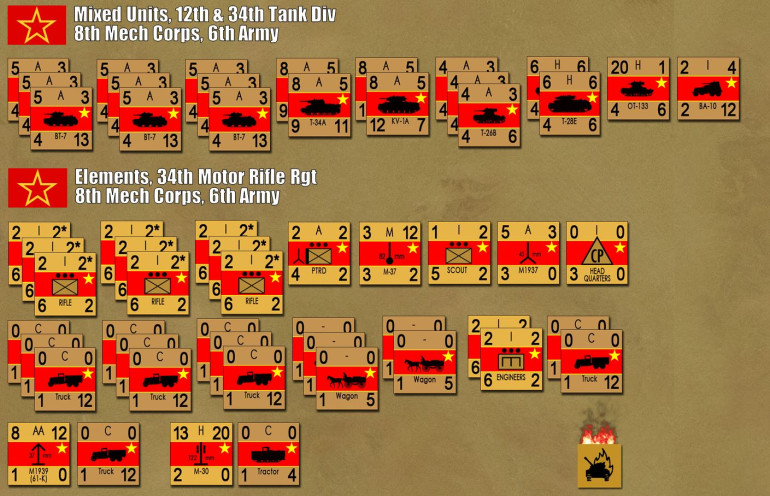 Soviet forces.  Note the T-34s and KV-1s are the earlier versions with the short L-11 30.5 caliber gun, which results in slightly shorter range and reduced armor-piercing hitting power.  The 