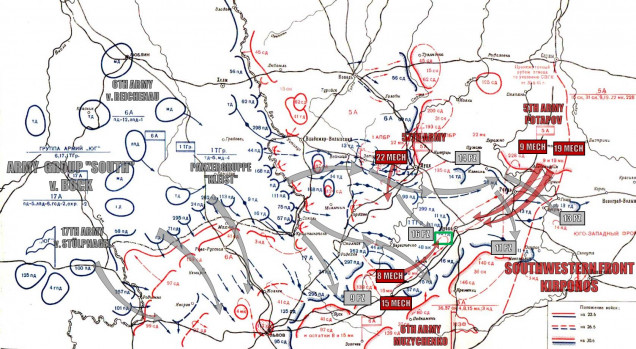 Operational scale overview of the Battle of Dubno-Brody.  Each annotation is a DIVISION, 10-15000 men.  There are close to a million people on this map.  We see five German Panzer Divisions and five Soviet Mechanized Tank Corps (each with at least 1-2 tank divisions).  Yeah, this was a BIG battle - 80 years ago this week.