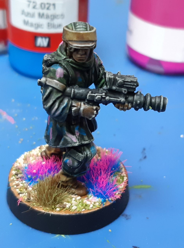 First model done to end pink and blue camo to match the grass on the base 