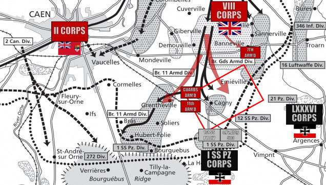 Okay, so here is the background area for today's battle - a small flanking action connection to Operation Goodwood, the 77th Anniversary takes place today (July 18, 1944).  The red rectangle shows the 3600-meter scaled battlefield contained in our game (24 hex board, 150 meters per hex).