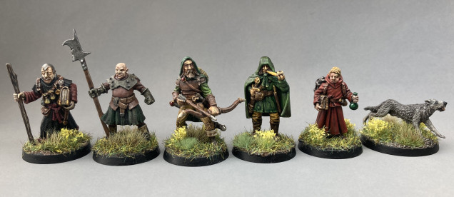 From left to right:- Merlin (Son of William) the Conjuror, Halleck the Guardsman, Berred the Ranger, Trotter the Tracker, Trysten the Arcanist, and Trysten’s dog Dart the Hound.