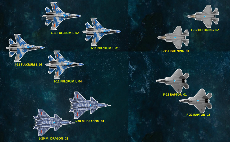 The combatants for today's game. The Chinese certainly have an edge in numbers, but those J-11s are not fifth-generation stealth-capable craft like the J-20s, the F-22s, or the F-35s.
