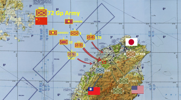 Here is the scenario, at least on the northern coast of Taiwan.  The Chinese are Taiwanese forces involved are actual units that would almost certainly participate in a propsective conflict like the one we are imagining.  The US Forces are also real, 2nd Striker Brigade Combat Team / 2nd US Infantry would almost certainly be involved (2nd US Infantry is earmarked for defense of South Korea), the deployment of 2nd Armored Brigade Combat Team / 1st US Infantry (Mechanized) is a little more speculative.  Most speculative is the Japanese 42nd Rapid Deployment Brigade / 8th Division.  As an RDB deployed in the southernmost part of Japan, it's a solid guess ... but Japanese troops deployed into other nations presents significant Constitutional issues for the Japanese government.