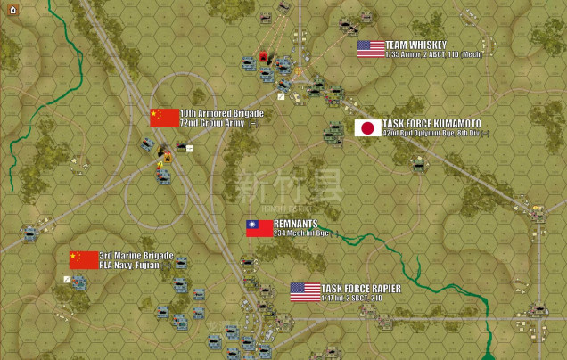 The battle jumps off on Turn One with neither side wasting any time.  People’s Liberation Army tanks (ZTZ-99As of 10th Armored Brigade) swiftly overrun the first Taiwanese objective at the highway interchange (“Cloud Leopard” APCs and infantry).  One tank platoon is disordered in the attack, but they will swiftly recover.  To the south, Chinese Marines of the People’s Liberation Army Navy (PLAN) swing around the left flank of the Taiwanese 234th Mech Brigade, setting up for one hell of an infantry assault into the town of Lung Tan itself.  American and Japanese forces arrive minutes later, and when Damon’s communications officer ask the beleaguered Taiwanese who is in command, the frantic reply comes back: “You are!”  American Predator drones and tanks of Team Whiskey (1/35th Armor, 2nd Armored Brigade Combat Team, 1st Infantry Division Mechanized), swing north around the PLA 10th Armored threatening the northern objective hex, AH-64D Apaches using their chain guns to chew up some Type 89A APCs with their infantry still aboard.  The Predator drones sling out their Hellfire missiles, but a combination of Chinese cover, laminate armor, and bad luck saves the Chinese for now.     