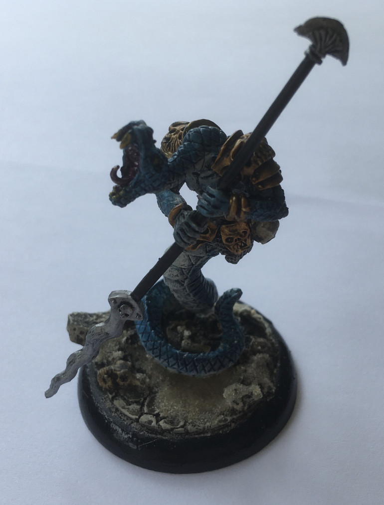 Blue Snakeman - model chosen Diehard Miniatures Sculpted by Tim Prow Lasharr-Chaos Snakeman SKU: CSTP03. A great mini to start with although with the positioning of the spear, I mounted the Snakeman on a slightly raised 40mm lipped Micro Arts Troglodyte base. 