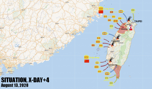 An expanded and more detailed overview of our hypothetical war, showing the situation on Day 5 of the imagined invasion.  We certainly hope this kind of war never actually takes place, but (God forbid) if it did, these really are some of the units that would almost certainly be involved.  Note the initial airborne drops (blue) have mostly failed, per design.  These were diversions to spring Allied reponses prematurely, the real assaults were Army and Navy/Marine landings in red.  Supporting landings are shown in yellow.  Again, even most of THESE have failed, but two lodgements have been secured by invading PLA/PLAN forces.