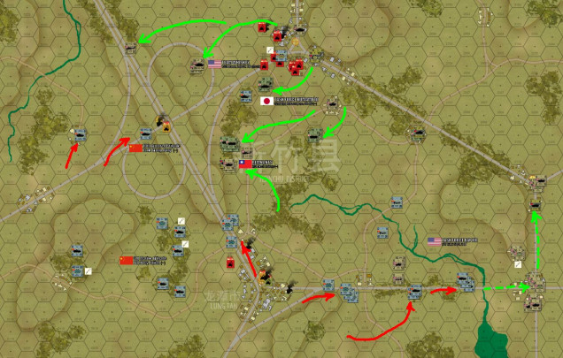 So here is the situation at the end of Turn 5, the halfway point of the game.  Long story short, the Allies are winning in the north, losing to the south.  Given the overall balance of what is left, I’m pretty sure the Allies will win this one, taking the highway overpass objective.  I will probably hold Lung Tan to the south and maybe take that smaller road junction and ton to the southeast, leaving me with two objective hexes, and Damon with three.  We’ll see what happens in today’s stream as we finish out this battle.   