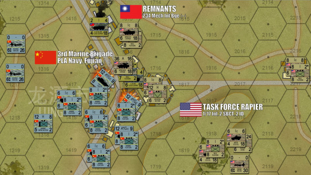 In the south, the Chinese commit to their assault into Lung Tan.  Their ASN-205 drones spot Taiwanese and newly-arrived American units of “Task Force Rapier” (1/17th Infantry, 2nd Stryker Brigade Combat Team, 2nd Infantry Division).  The Chinese 3rd Marine Brigade then move their Type 05 amphibious APCs into the streets of the town, perhaps getting too close to American and Taiwanese guns, but the alternative is to leave their two heavy urban hexes open for t he American to occupy.  Rather than pay for such costly hexes twice, the Chinese get aggressive.  The risk largely pays off, they only suffer two APC platoons disordered, and now some 350 Chinese PLAN Marines are within assault range of the defenders of Lung Tan. 