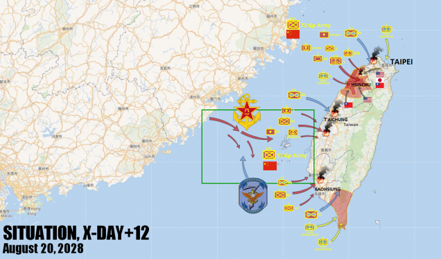 The situation at the end of our fictional campaign.  While the Chinese Air Force has held its own over the southern reaches of the Taiwan Strait, ground victories by the US and her Western Pacific Allies have pretty much collapsed the Chinese bridgehead on northern Taiwan.  The Chinese are sending across a massive landing force to reinforce their southern bridgehead, which they hope can hold on long enough to force a favorable peace terms.