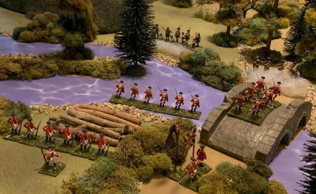 The British left, where Light Infantry companies of three regiments (about 120 men effective strength) are pushing across the creek, while line companies push over the bridge and try to provide fire support from the friendly bank.