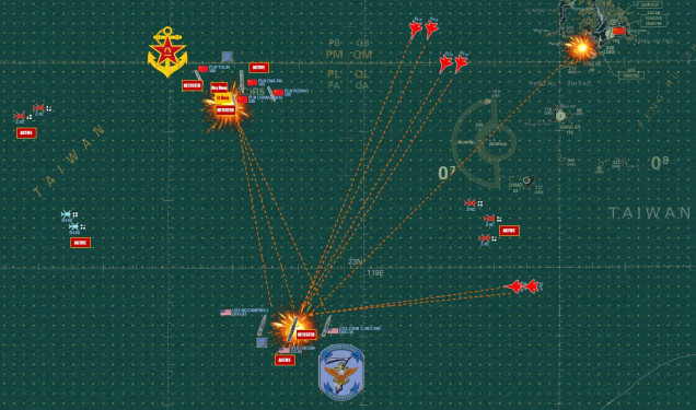 If I'm ever going to sink an American warship, it has to be now on Turn 2.  I'vbe already lost my second cruise missile base (big mistake on my end by not launching from there FIRST in the fire sequence).  But bad dice mean that the six missile strikes from my aircraft, two more cruise missiles from my remaining base, and eight more YJ-18 cruiser missiles from my warships only score ONE HIT on the Ticonderoga class missile cruiser USS Chosin (CG-65).  It disables the Chosin's helicopter landing deck (that will be two helos that will probably crash later in the game) but the crew repairs the damage (to some extent) during the damage control phase.