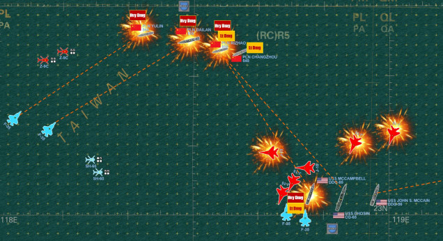 Turn 3 is really rough for me.  While I damned near sink the Arleigh Burke class destroyer McCampbell, my fleet is devastated by returning American Harpoon SSMs and the arrival of the F-35Cs from the USS Reagan.  I engage two of her F-35Cs with ALL SIX of my J-15s, but two are shot down by American SM-2 SAMs and another is shot down as I LOOSE THE DOGFIGHT against the F-35Cs which costs me ANOTHER J-15.  So it looks pretty bad for the Chinese now ... but one American ship is now out of action and NOT A SINGLE HIT has been scored against that transport fleet (I get victory points for each transport that survives ... and there are six of them).  So this game isn't QUITE over yet ...