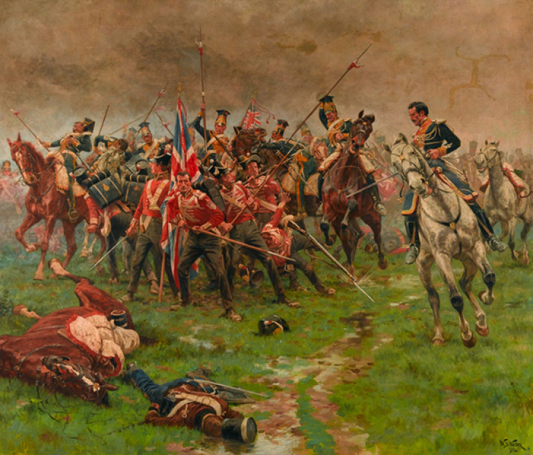 The 3rd Regiment of Foot defend their colours against the Vistula Lancers at Albeura. Painting by William Barnes Wollen