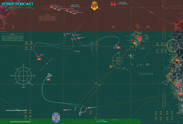 The initial set up areas, the whole map, opening moves and helicopter launches, detection phases, and missile launches.  Both sides get good news and bad news on Turn 01.  Jenn's Americans detect all my ground-based missile bases, launched Tomahawks cruise missiles, and destroyed one base outright before it can even fire.  Meanwhile, my aircraft activate, and six J-15 (SU-30 naval variants) are coming in hot next attack phase.  Her F-35Cs do NOT.  So I will own the sky for at least one turn ...