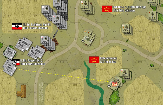Here are some of the Stalingrad scenarios I have designed / playtested I've done so far.  First one depicts part of 16th Panzer Divisions breakout from the Vertyachi Bridgehead (24 August 1942), where crumbling remnants of the 87th Rifle Division (furture 13th Guards Rifle) is supported by elements of the 1257th AA Regiment, made up of female reservists. 