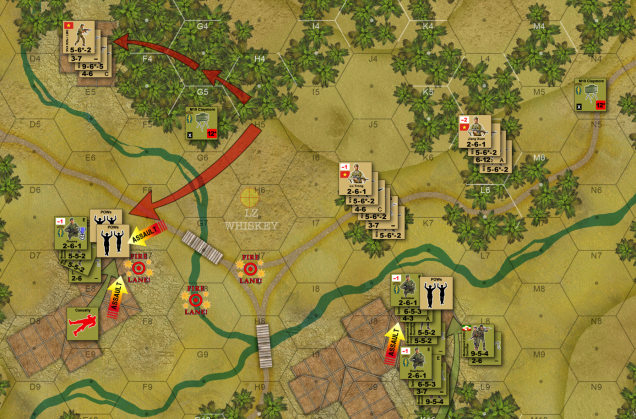 By the time we get to Turn Five (second last turn of the game), it’s time to start thinking about grabbing what objectives we can.  My remaining forces in the hooch to the south and eastern tree lines (including mortar support) manage to carefully pin down all of Rasmus’ forces in hex E7, which is then assaulted by part of my damaged platoon from the north.  Green Beret and Montagnard prisoners will make lovely guests for our torture pits later.  Unfortunately, these are then COUNTER-assaulted by more Green Berets and Montagnard forces form the south, and now NVA prisoners are taken, including an officer (all these captures are big VP bonuses for both sides).  Meanwhile, that flanking force to the south kicks open the back door of the hooch and starts wiping out more NVA and VC stacks, taking more prisoners.   