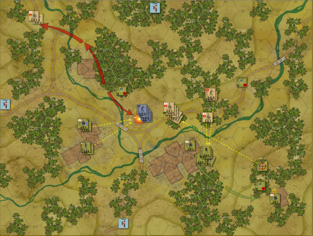 The final dispositions. At the end of Turn 6.  A detached force from my norther platoon manages to take the road objective hex to the northwest, while others take the actual LZ Whiskey (even if they are wiped out by Green Beret opportunity fire).  Lt. Herkimer meanwhile takes the hooch and high ground to the southeast, but this still leaves me with three of five objective hexes.  Meanwhile, my NVA command group and mortars trades fire with the Americans and Montagnard Laotians in the large southern hooch, both sides pinging away with light damage on each other (up to and including the appearance of an American special forces sniper.  To be honest, though, the objective hexes seized, the casualties inflicted, and the prisoners taken have already told the tale on this one.