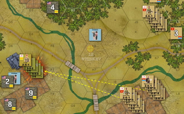 One of Rasmus’ CIDG platoons (under command of Lt. Bui, an ARVN observer from Saigon) walks into a bit of a trap themselves, where they are soon spotted by NVA and VC forces and taken under a horrendous fire.  They’re a little too forward, note other Allied platoons are still too far back (and undiscovered by my own forces) and thus not yet in position to provide fire.  Admittedly, I made a rules mistake here where ethe platoon in hex K5 originally made the spotting check (illegal because of elevation in hex J5) but units in J8 and K8 are in position to make the same roll and open fire accordingly.