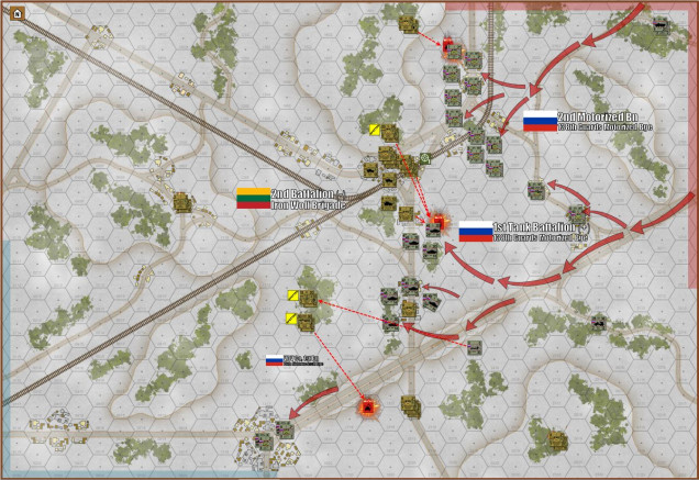 The Russians strike hard, strike deep, slashing out of the northeast in three basic axes ... to the north with motorized infantry in BTR-80s, in the center with the bulk of a reinforced tank battalion of T-90As, and in the south with VDV Guards Airborne Assault troops in Mi-24 Krokodil attack helicopters.