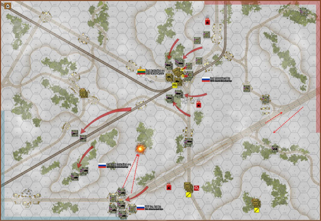 The situation at the end of Russian Turn 3.  The Lithuanians have given the Russians a good bloody nose, but aggressive Russian tactics have split the Iron Wolf Brigade wide open in the center.  Russian tanks, airmobile troops, and helicopters are camped on overlooking the Polish entry zone.  The Poles will now arrive with the main NATO force ... can they save the situation?