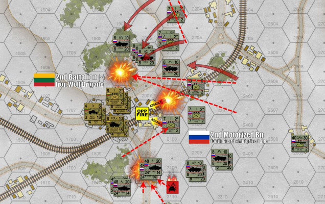 The Russians and Lithuanians are trading heavy losses in a vicious street battle here, with the brave (but doomed) Lithuanians trying to defend an objective hex from a determined SOviet assault.  Assualts and counterassaults rip through the streets, but with the Russians folding up the south wing and now crashing down from the high ground to the north ... it doesn't look good.