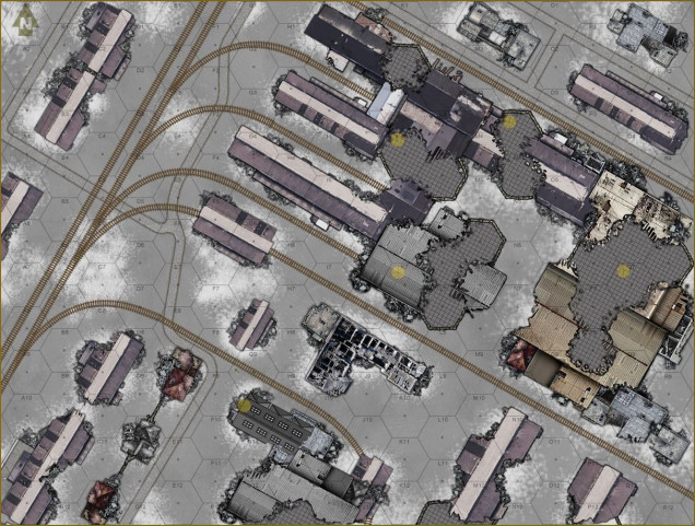 The map I have drawn up for the scenario, showing most of the larger workshops and construction sheds of ths Red October Steel Works.