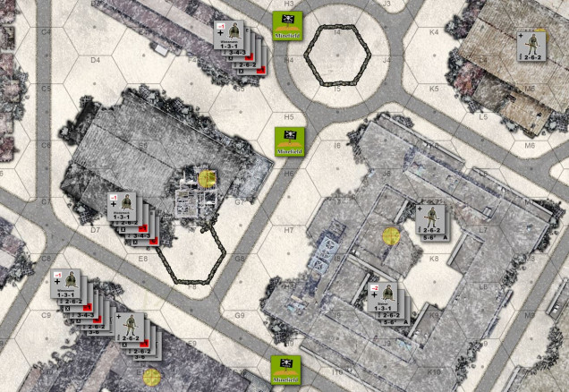 Part of the map and set up for the final, hopeless, doomed defense of Festung Stalingrad.  Freezing, starving, diseased, abandoned ... a collection of German half-squads braces for the inevitable end in the ruins of the downtown civic district, probably not far from the 