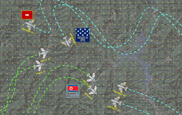 Here's a small sample of the kind of action we might see in today's game.  The MiGs have initiative, so force the Americans to move first.  The first Sabre pair move up from the southeast, where they are charged for a head-on gun pass by the second pair of MiGs.  The lead pair of MiGs waits, while the second US pair tries a Split-S Manuever to 