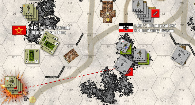 With the German left wing caved in, the Soviets set to work rolling up the German line.  They have to take TWO road exit hexes to score a wide enough breakthrough for commanders back at Battalion and Regiment.  But those German antitank guns are still in position, and the Soviet tanks use buildings to screen their initial movement.  The ATGs hit Soviet infantry instead, inflicting enough damage that, well ... the infantry won't be able to clear out those ATGs for the tanks after all.  The tanks will have to charge sooner or later.