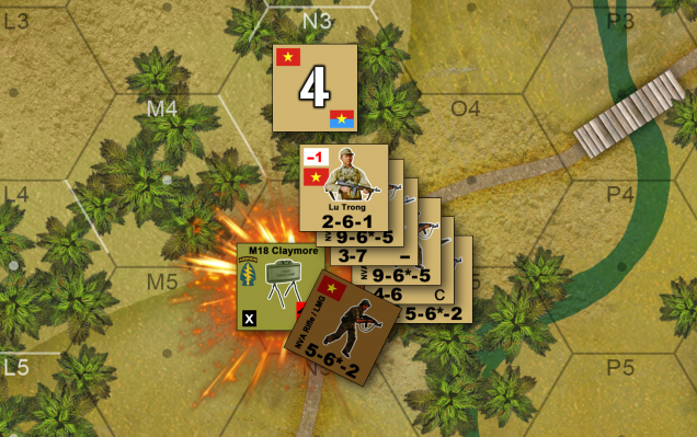 Things go sideways for the communists right away as one of my platoons stumbles into a hidden M18 Claymore antipersonnel mine, costing me half a squad off the bat.  These are handled as per the usual VVME booby trap rules, where each s tack must roll 2d6 at the end of its movement.  An 11 or 12 indicates a trap has been struck, unless the unit was using slower, more cautious “Assault Move” rules, where only a “12” hits a mine or booby trap.