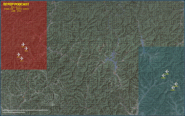 The map for tomorrow's game, with deployment areas.  These planes are VERRRRY slow compared to the ones we usually use with AirWar C21, so I made the deployment zones very deep so the first three turns aren't the two sides droning steadily toward each other. :) 