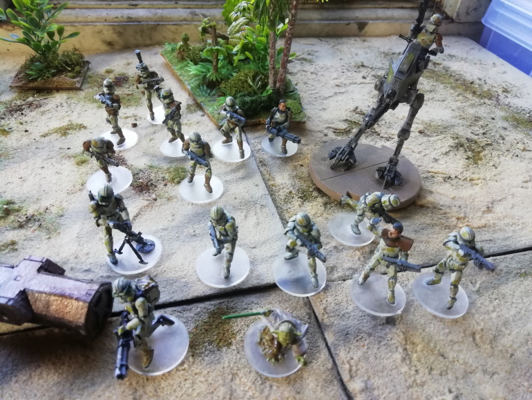 I've been saving some phase 2 clone troopers to go with my wookies. I went for the camo colours of the 41st corps before Yoda started beheading them.