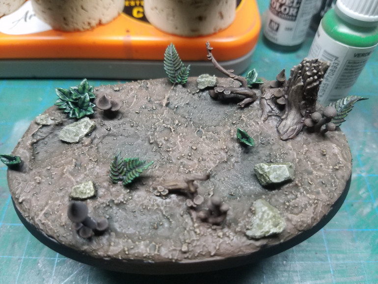The wood was then dry brushed light umber(pro-acryl), then hobgrot hide. The old broken wood got a dry brush of stormvermin fur and adinistratum grey(gw). All the wood was then washed agrax earthshade. The ferns were highlighted uniform green(Vallejo) then washed carroburg crimson. The other plants were highlighted us dark green(Vallejo) and washed coelia greenshade