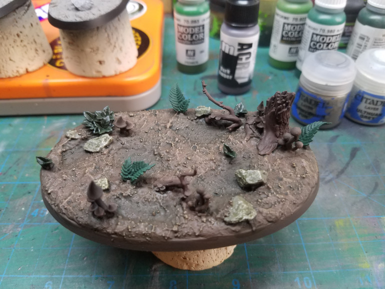 The rocks and ground were given a wash of athonian camoshade. The wood a base coat of dark umber (pro-acryl), the ferns black green(Vallejo) and the other plants military green(Vallejo)