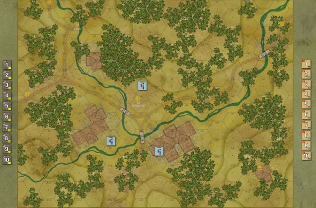 The map for today's game.  We'll be playing double blind, with only these marker counters at first.  Only when a counter is identified do we show what enemy force is mapped to that counter ... or if there are any enemy forces there at all (half of these will be straight out 