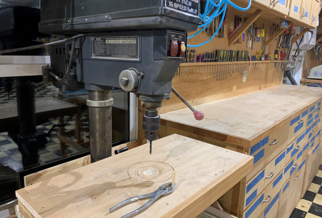 The vertical drill press is used to drill out the air jacket pieces just enough to fit in the end of the barrels.  We'll also use this to drill out the muzzle / flash suppressors later in the project.