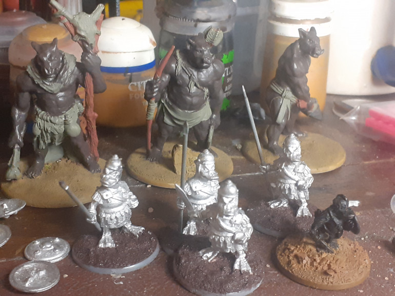 The remainder of photos are the models on my painting table. These are ducks from Lucid Eye, all four models where duplicates, so I removed swords from three of them repositioned arms and heads and added spears  the child duck is an original Citadel model. In the background are Fenris trolls.