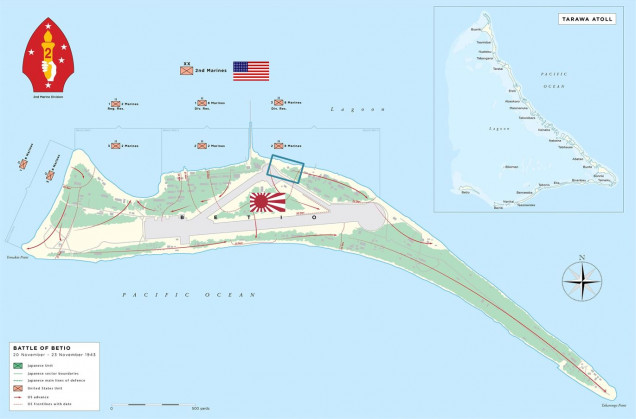 The initial landings on Betio (Tarawa) by battalions of 2nd Marine Division.  The part of the fight we're approximating with our virtual Battlegroup game is shown in green.  This is Beach Red 3, hit by 2nd Battalion / 8th Marines.  This part was chosen because its one of the few places 2nd Marine Composite Battalion was able to get at least a handful of Shermans onto the island, and we're looking to playtest some tanks in our 