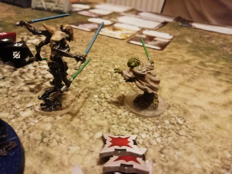 Grievous storms up the centre and wipes out a clone unit but in doing so left his Magna guard behind. This was the moment Yoda had been waiting for. With the combination of a killer command card and jedi abilities this green ball of bouncing death cut the droid general to bits. I was planning on using his killer command card the following turn but to late