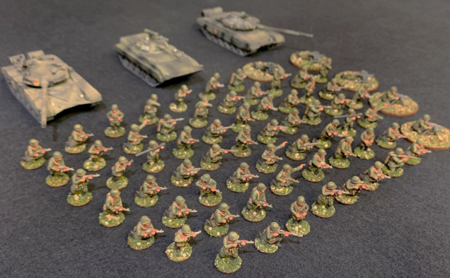 The new infantry force (say about two platoons' worth) with a small sample of my roughly 30 Soviet Cold War AFVs (a mix of Battlefront, Zvezda, and PSC).  So I guess after almost six years (Team Yankee Bootcamp, November 2015) I finally have a complete Soviet 15mm Cold War force.  No, you don't have a complete force until you have at least some kind of decent infantry contingent.