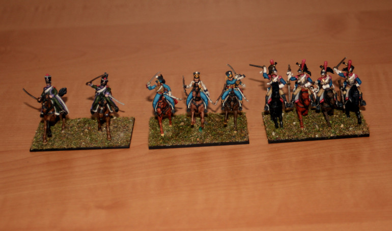 The first are skirmishing cavalry, the second are light cavalry and last heavy cavalry.