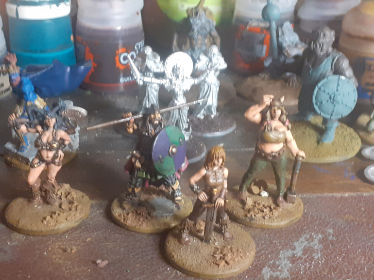 I am currently painting these, all are Hasslefree miniatures representing my take on Griselda, Wolfhead, Hanufa and a inappropriately attired Stormbull cultist from the wonderful stories by Oliver Dickinson. In the background are some priestess figures from Lucid Eye and a troll from Rapier miniatures..