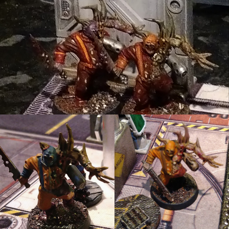 Two Bloaters at the door and one at each loot token. I hadn't realised just how many bloaters would be needed so I quickly added some Trollslayer Orange to this masked style of Poxwalker to support the three I had intended.